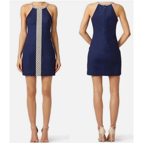 Lilly Pulitzer Sasha Shift Dress Halter Size 8 Navy Blue Metallic Gold Resort - Picture 2 of 15